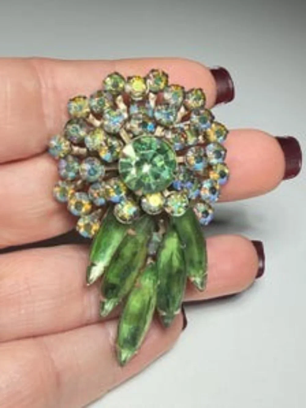 Judy Lee Vintage Green Rhinestone Brooch Pendant Aurora Borealis Peridot Floral